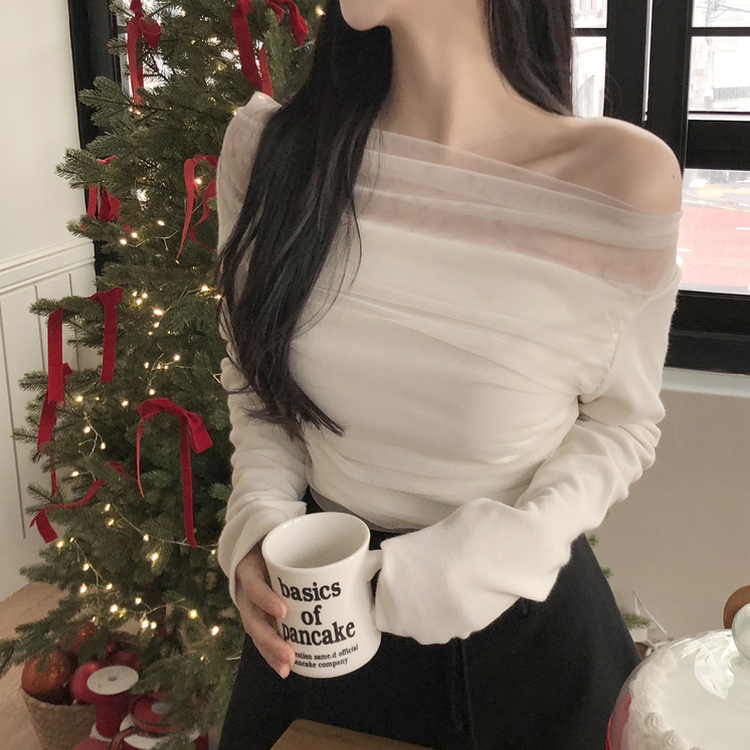 レースオフショルダードレープ長袖Tシャツ IVORY