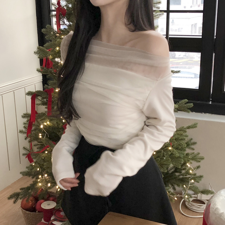 レースオフショルダードレープ長袖Tシャツ IVORY