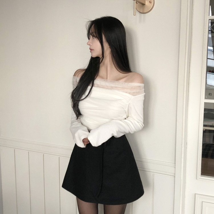 レースオフショルダードレープ長袖Tシャツ IVORY