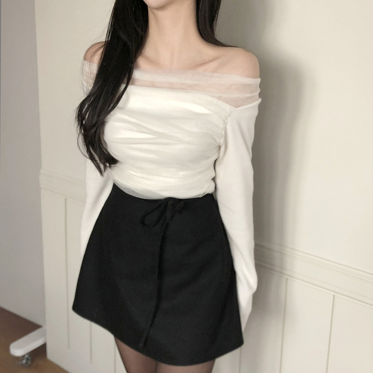 レースオフショルダードレープ長袖Tシャツ IVORY
