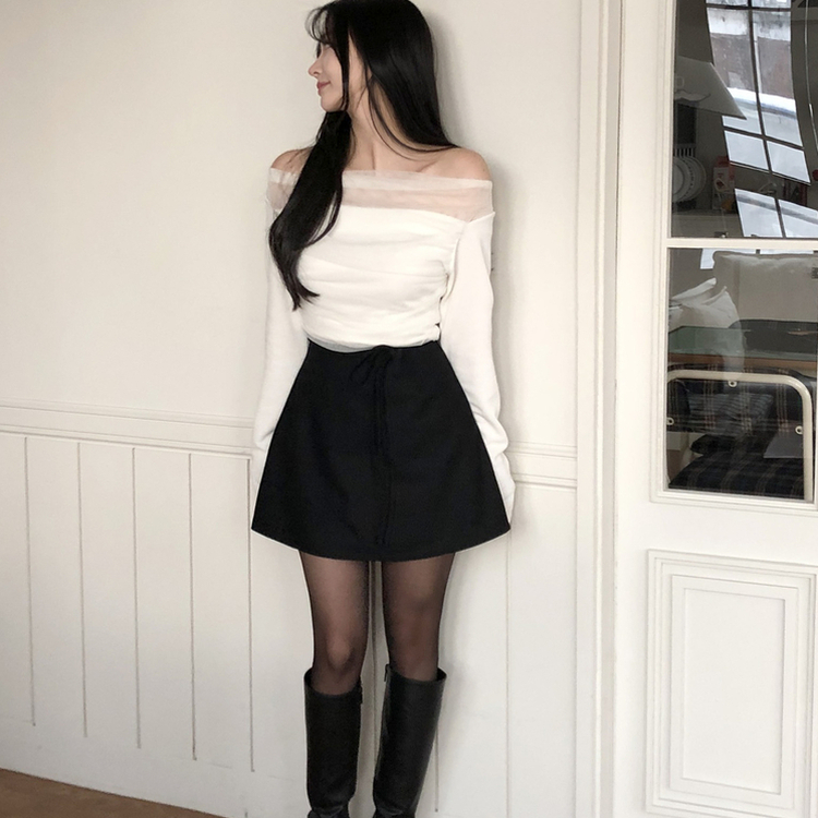 レースオフショルダードレープ長袖Tシャツ IVORY