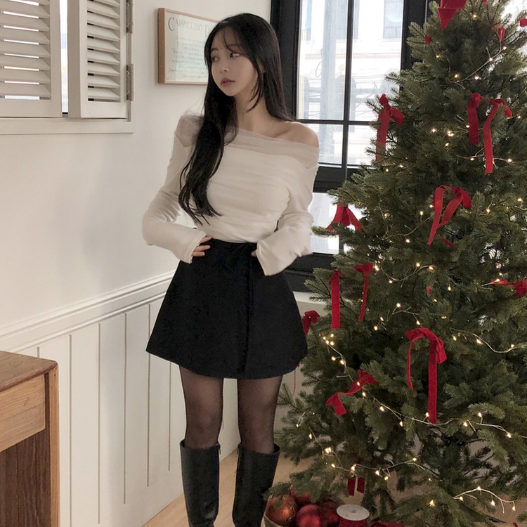 レースオフショルダードレープ長袖Tシャツ IVORY