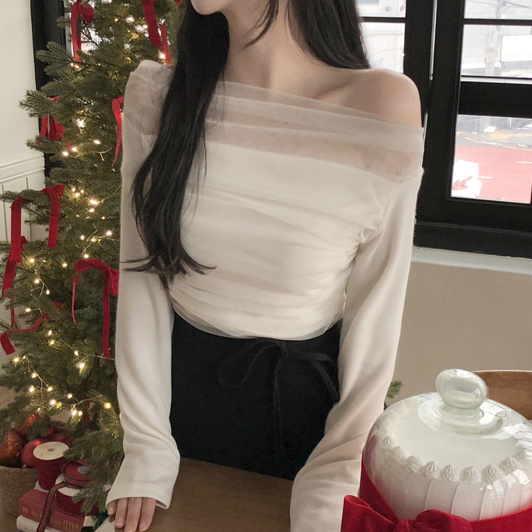 レースオフショルダードレープ長袖Tシャツ IVORY