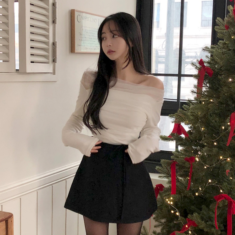 レースオフショルダードレープ長袖Tシャツ IVORY