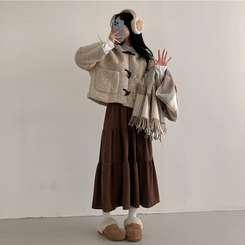 コーデュロイバンディングティアードフレアロングスカート BROWN