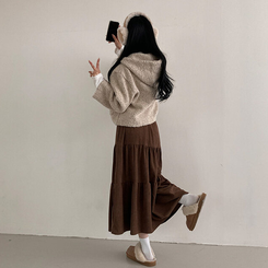 コーデュロイバンディングティアードフレアロングスカート BROWN