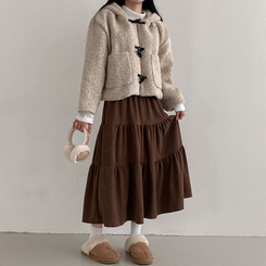 コーデュロイバンディングティアードフレアロングスカート BROWN