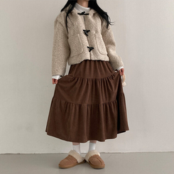 コーデュロイバンディングティアードフレアロングスカート BROWN