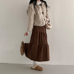 コーデュロイバンディングティアードフレアロングスカート BROWN