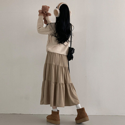 コーデュロイバンディングティアードフレアロングスカート BEIGE