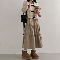 コーデュロイバンディングティアードフレアロングスカート BEIGE