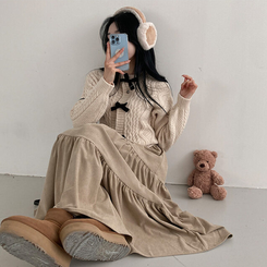 コーデュロイバンディングティアードフレアロングスカート BEIGE