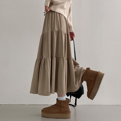 コーデュロイバンディングティアードフレアロングスカート BEIGE