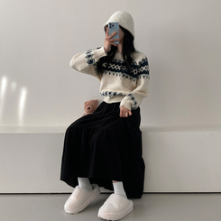 コーデュロイバンディングティアードフレアロングスカート BLACK