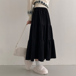 コーデュロイバンディングティアードフレアロングスカート BLACK