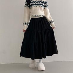 コーデュロイバンディングティアードフレアロングスカート BLACK