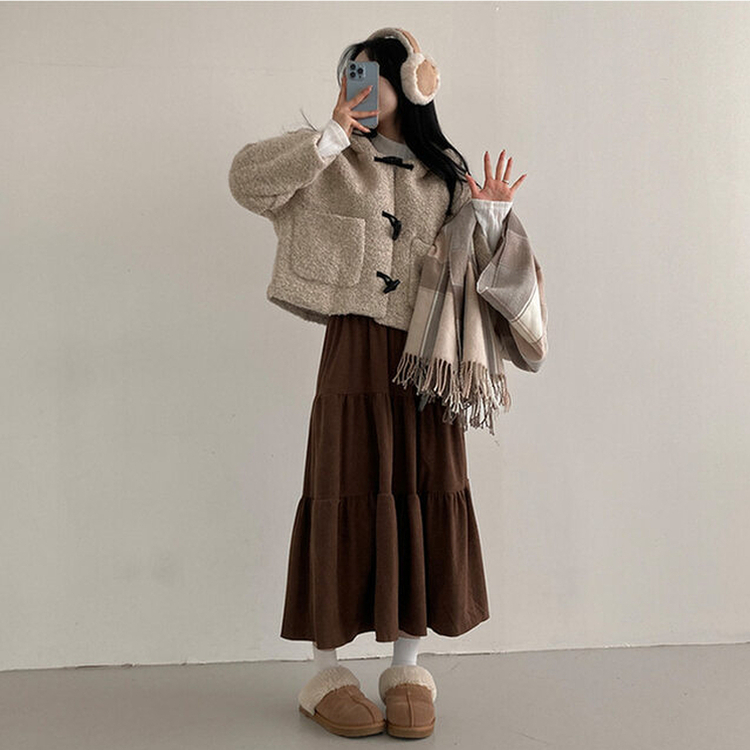 コーデュロイバンディングティアードフレアロングスカート BROWN