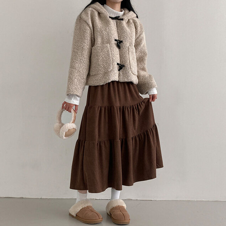 コーデュロイバンディングティアードフレアロングスカート BROWN