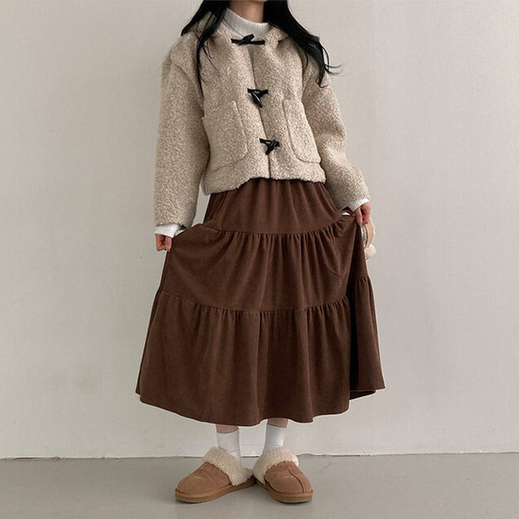コーデュロイバンディングティアードフレアロングスカート BROWN