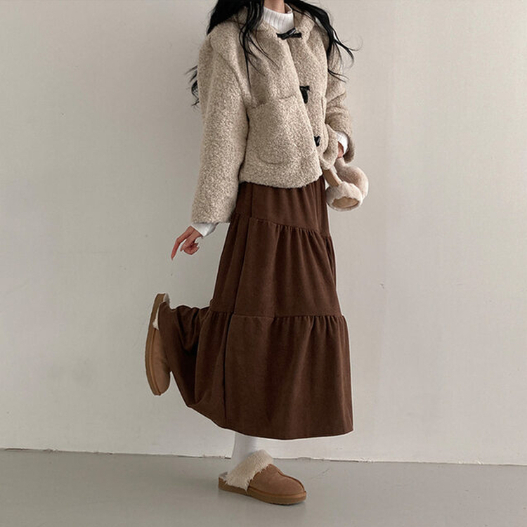 コーデュロイバンディングティアードフレアロングスカート BROWN