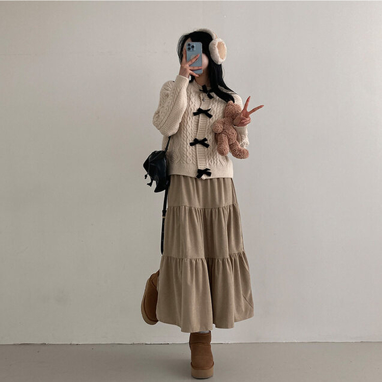 コーデュロイバンディングティアードフレアロングスカート BEIGE