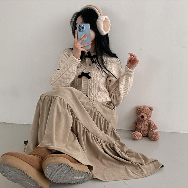 コーデュロイバンディングティアードフレアロングスカート BEIGE