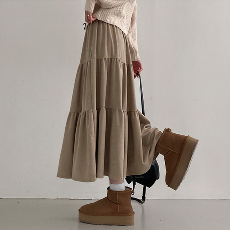 コーデュロイバンディングティアードフレアロングスカート BEIGE