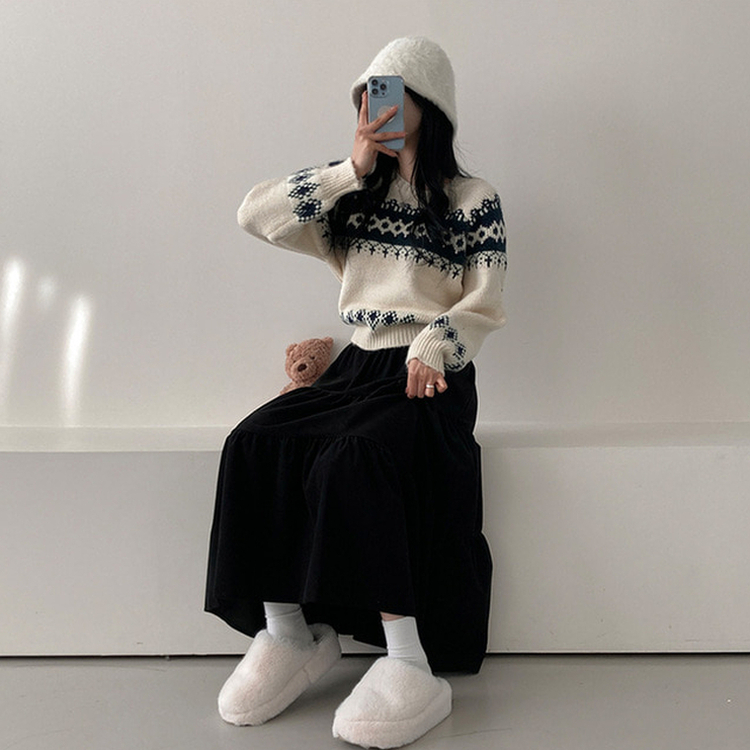 コーデュロイバンディングティアードフレアロングスカート BLACK