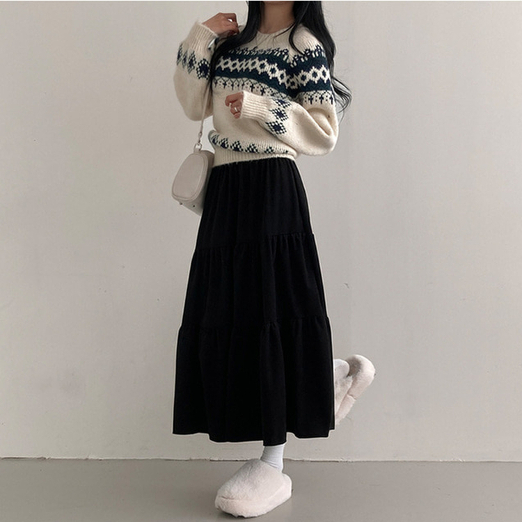 コーデュロイバンディングティアードフレアロングスカート BLACK