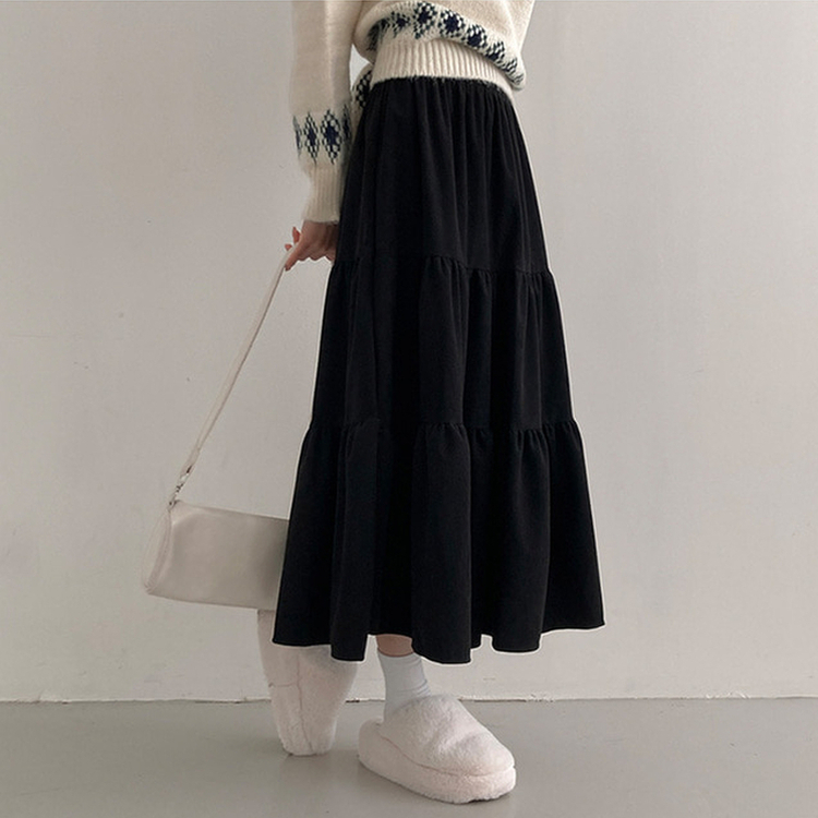 コーデュロイバンディングティアードフレアロングスカート BLACK