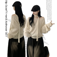 촉감좋은 타이 초커 앙고라 박시 아방핏 브이넥 긴팔니트 아이보리