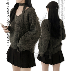 촉감좋은 타이 초커 앙고라 박시 아방핏 브이넥 긴팔니트 차콜