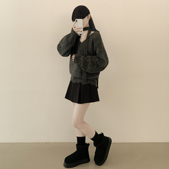 촉감좋은 타이 초커 앙고라 박시 아방핏 브이넥 긴팔니트 차콜