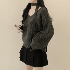 촉감좋은 타이 초커 앙고라 박시 아방핏 브이넥 긴팔니트 차콜