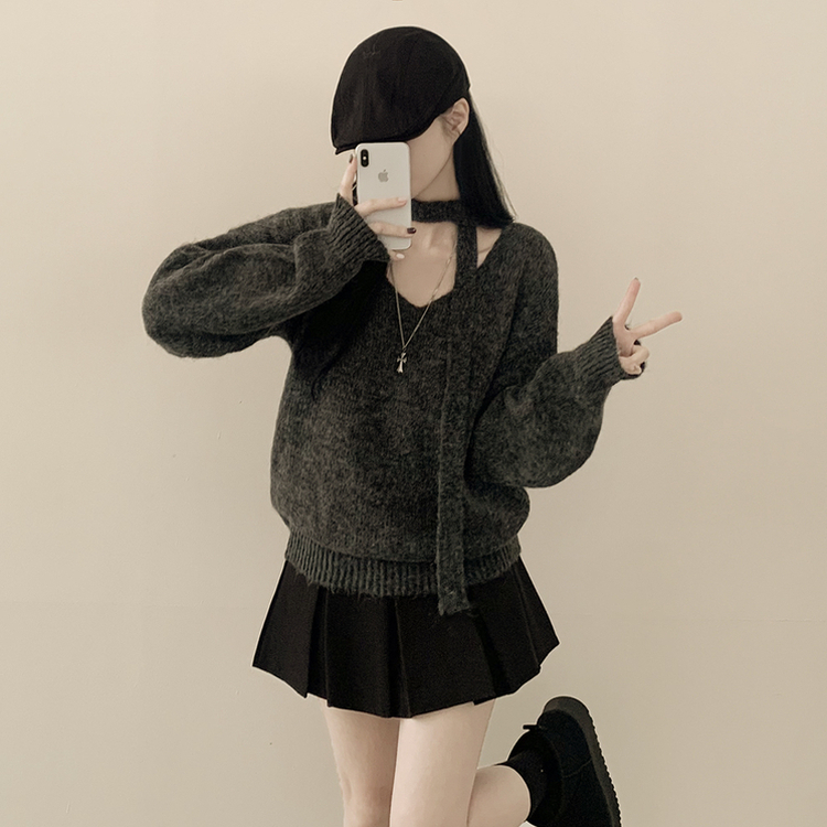 촉감좋은 타이 초커 앙고라 박시 아방핏 브이넥 긴팔니트 차콜