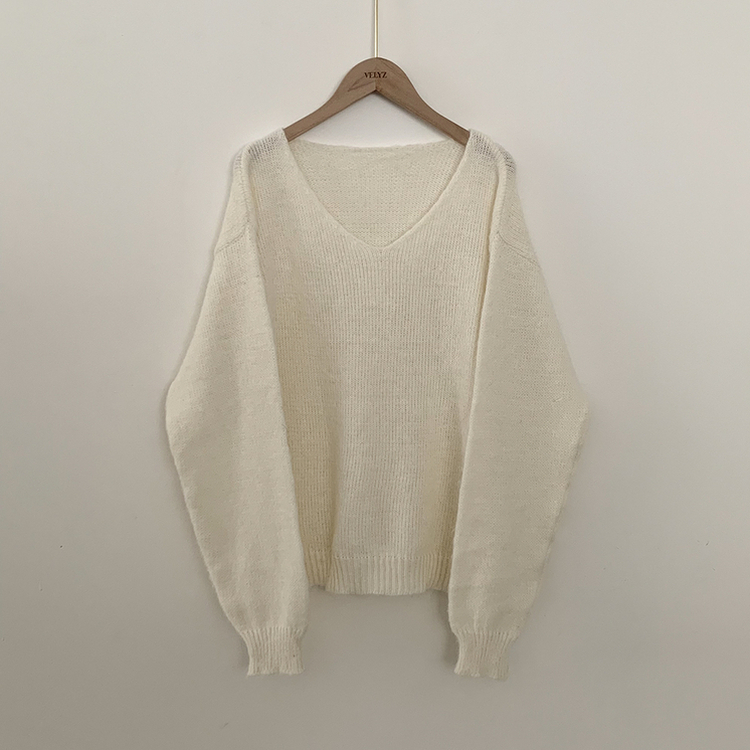 촉감좋은 타이 초커 앙고라 박시 아방핏 브이넥 긴팔니트