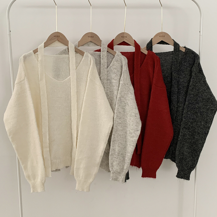 촉감좋은 타이 초커 앙고라 박시 아방핏 브이넥 긴팔니트