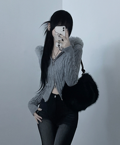 ケーブルファーフードクロップニットジップアップ｜ジャンパー｜韓国