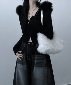 ケーブルファーフードクロップニットジップアップ｜ジャンパー｜韓国