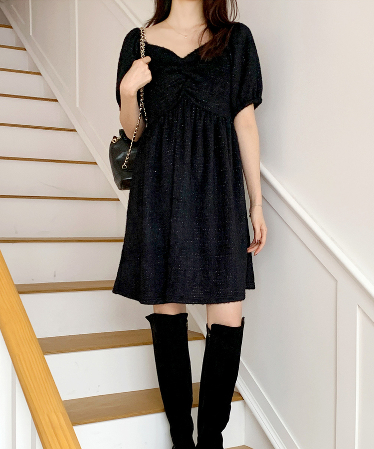 ハートネックパフ半袖ミニワンピース｜ミニワンピース｜韓国