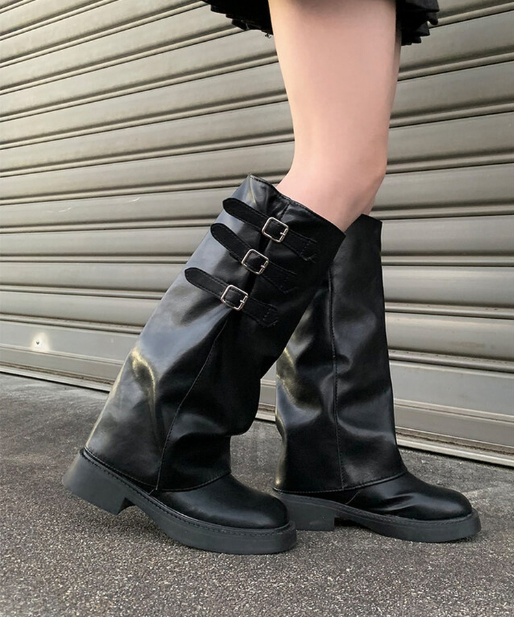 バックル付きレザーロングブーツ パンクファッション バックル付きロングブーツ 靴|パンクファッション