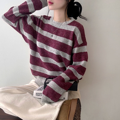 ストライプベーシックラウンドニット BURGUNDY