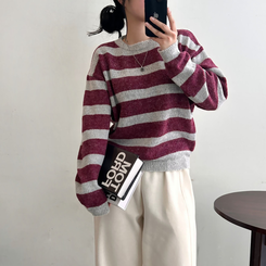 ストライプベーシックラウンドニット BURGUNDY