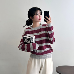 ストライプベーシックラウンドニット BURGUNDY