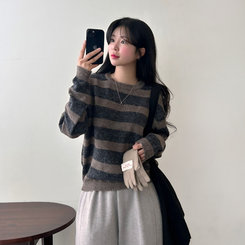 ストライプベーシックラウンドニット CHESTNUT BROWN