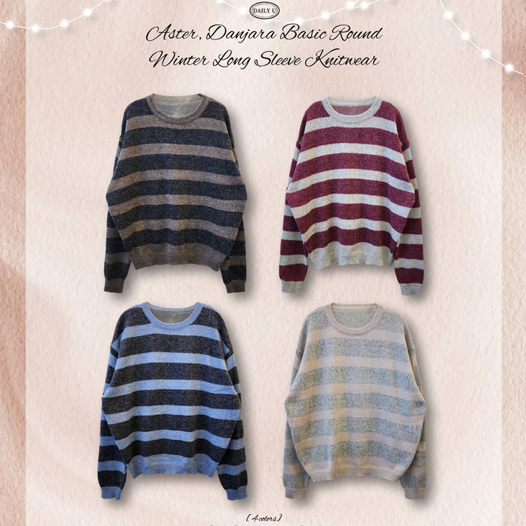ストライプベーシックラウンドニット