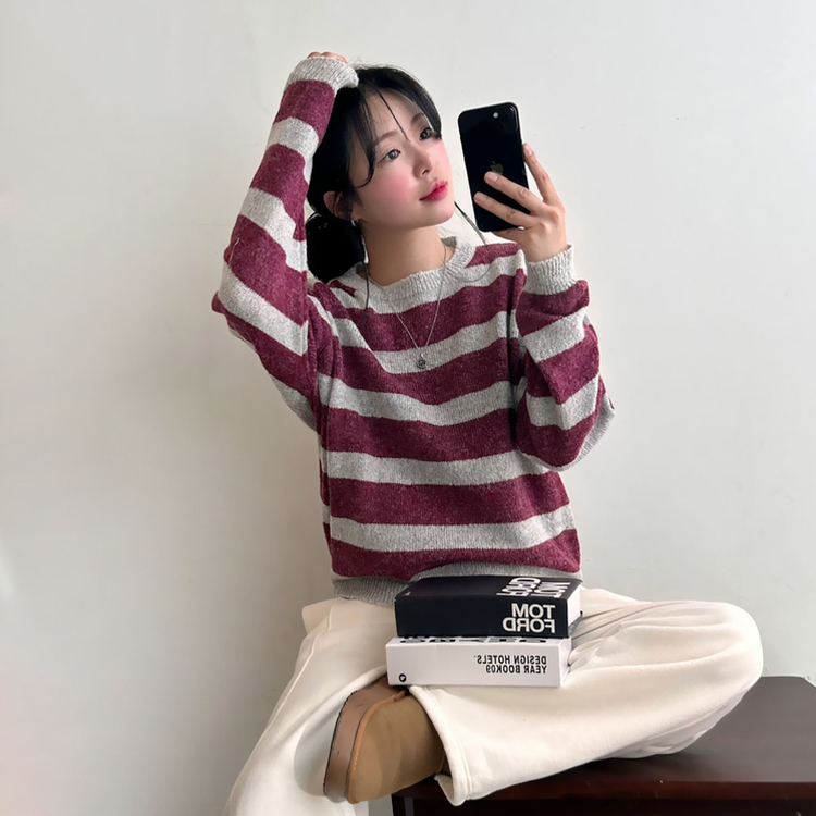 ストライプベーシックラウンドニット BURGUNDY