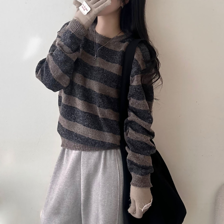 ストライプベーシックラウンドニット CHESTNUT BROWN