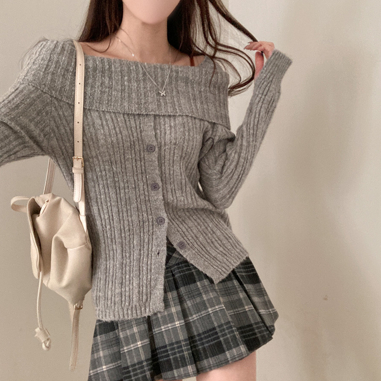 마들렌 소매트임 오프숄더 골지 울 버튼 니트 그레이