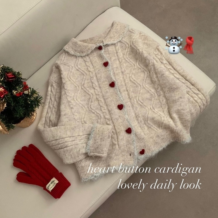 왕귀염 하트단추 빈티지 카라넥 레드 단추 귀요미 니트 가디건 겨울 연말 크리스마스